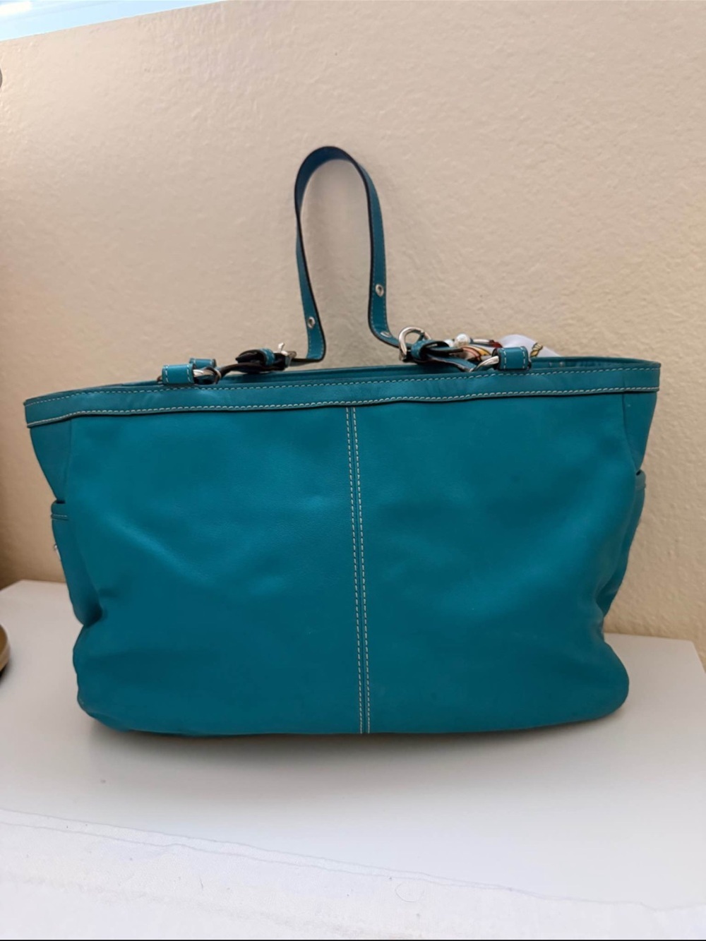Authentic Coach Teal Turquoise Leather Pleated Gallery Tote – styled w/ a scarf - Picture 2 of 8